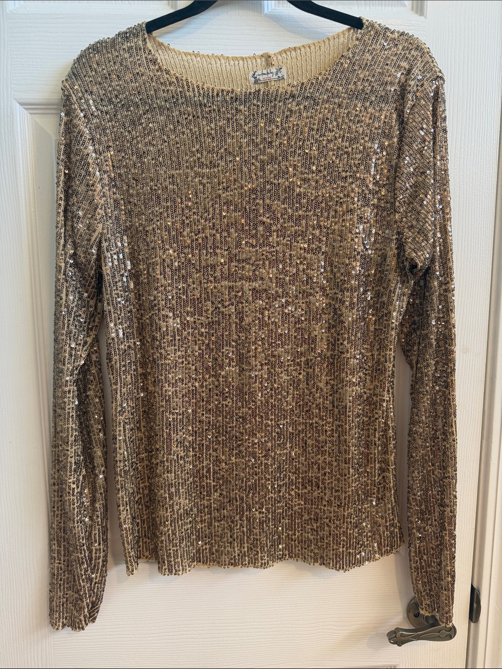 Free People Gold Sequin Long-Sleeve Crewneck Top